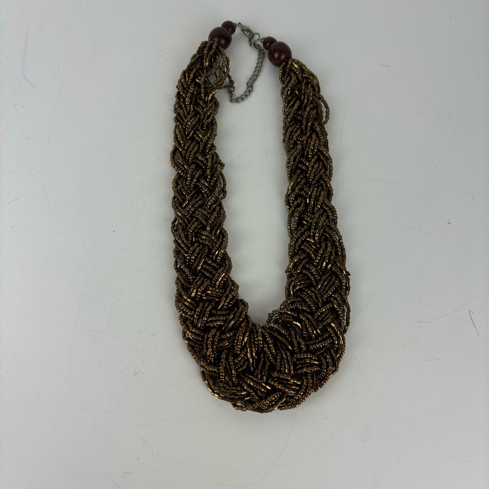 Woven Metallic Beaded Statement Necklace - Bronze-Tone - Picture 6 of 7